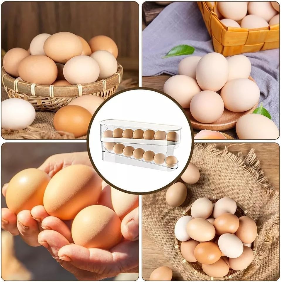 Automatic Rolling 2 Tier Eggs Holder 11.92”D X 3.34” W X 5.59” H Stackable Fridge Organisers, Clear Plastic Egg Dispenser With Lid Egg Storage For Refrigerator, & Kitchen Countertop