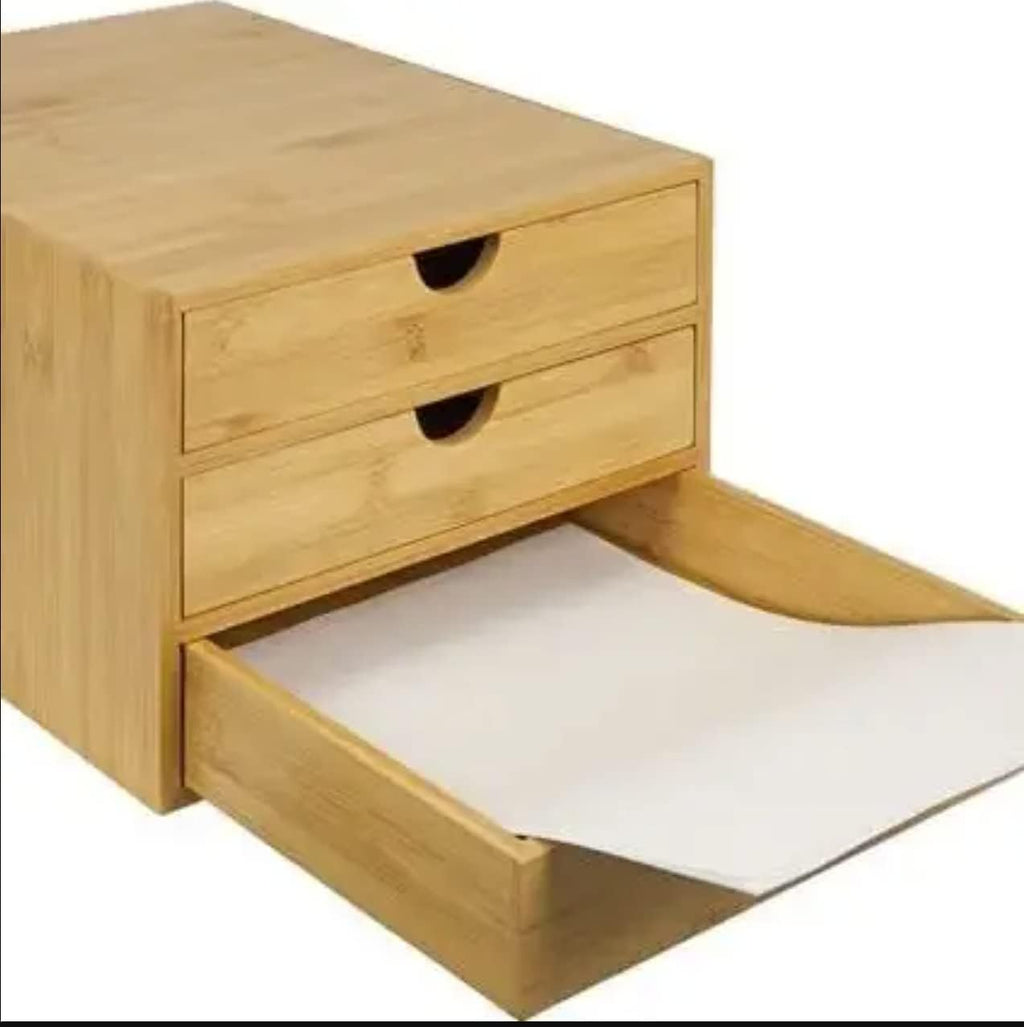 Bamboo 3 Tier Home Office Desk Countertop Organizer With Drawers – Tabletop Storage Cabinet Tidy Organization Box For For Files, Vanity, Makeup