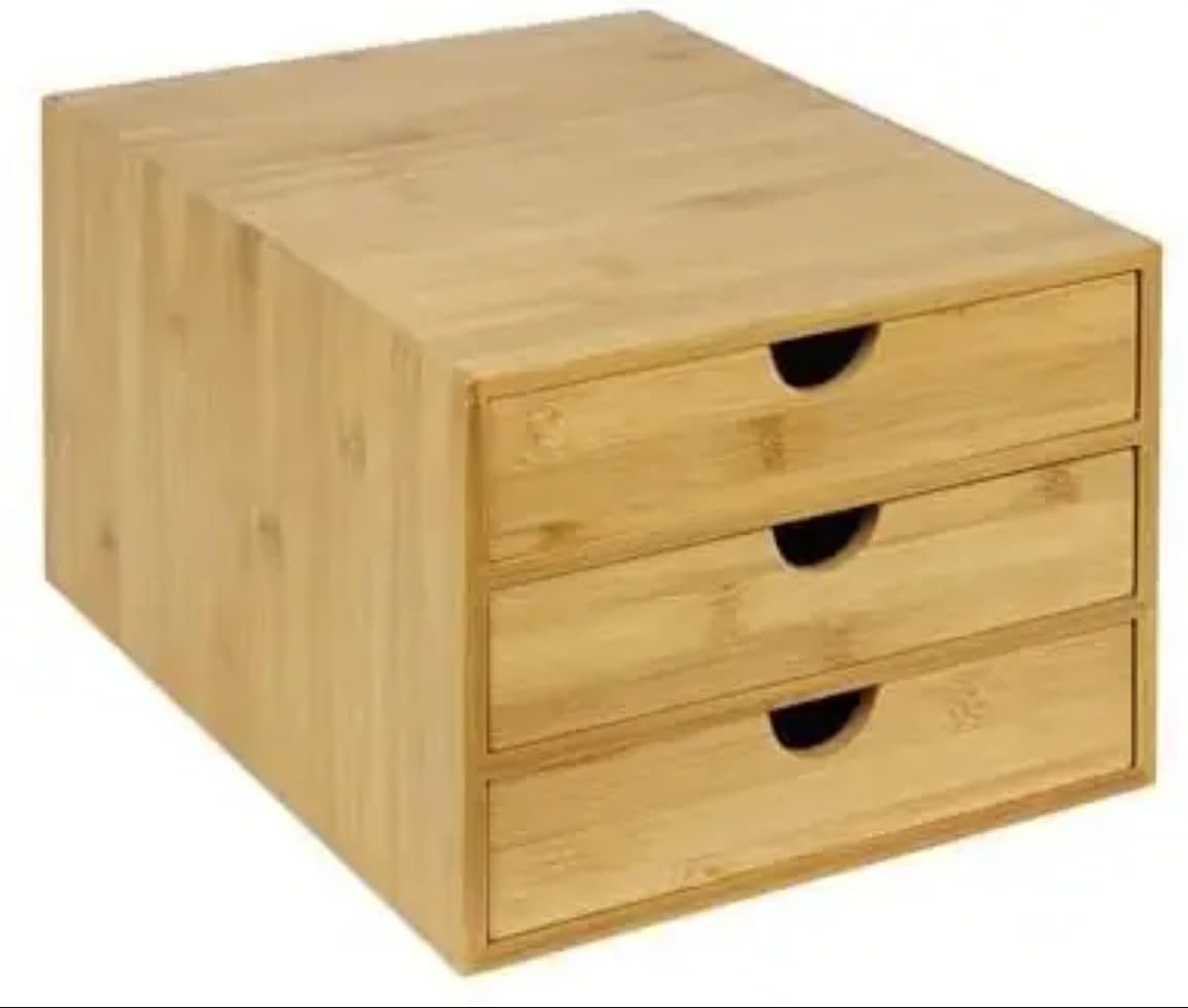 Bamboo 3 Tier Home Office Desk Countertop Organizer With Drawers – Tabletop Storage Cabinet Tidy Organization Box For For Files, Vanity, Makeup