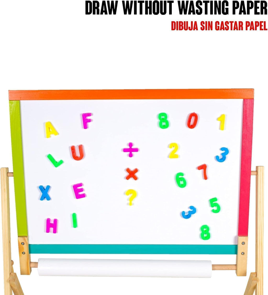 Kids Art Easel with Paper Roll, Magnetic Wooden Board Easel for Toddlers, Foldable Clock, Alphabet Painting Easel for 2-12 Years Children, 2 in 1 Double Side Drawing Outdoor Easel