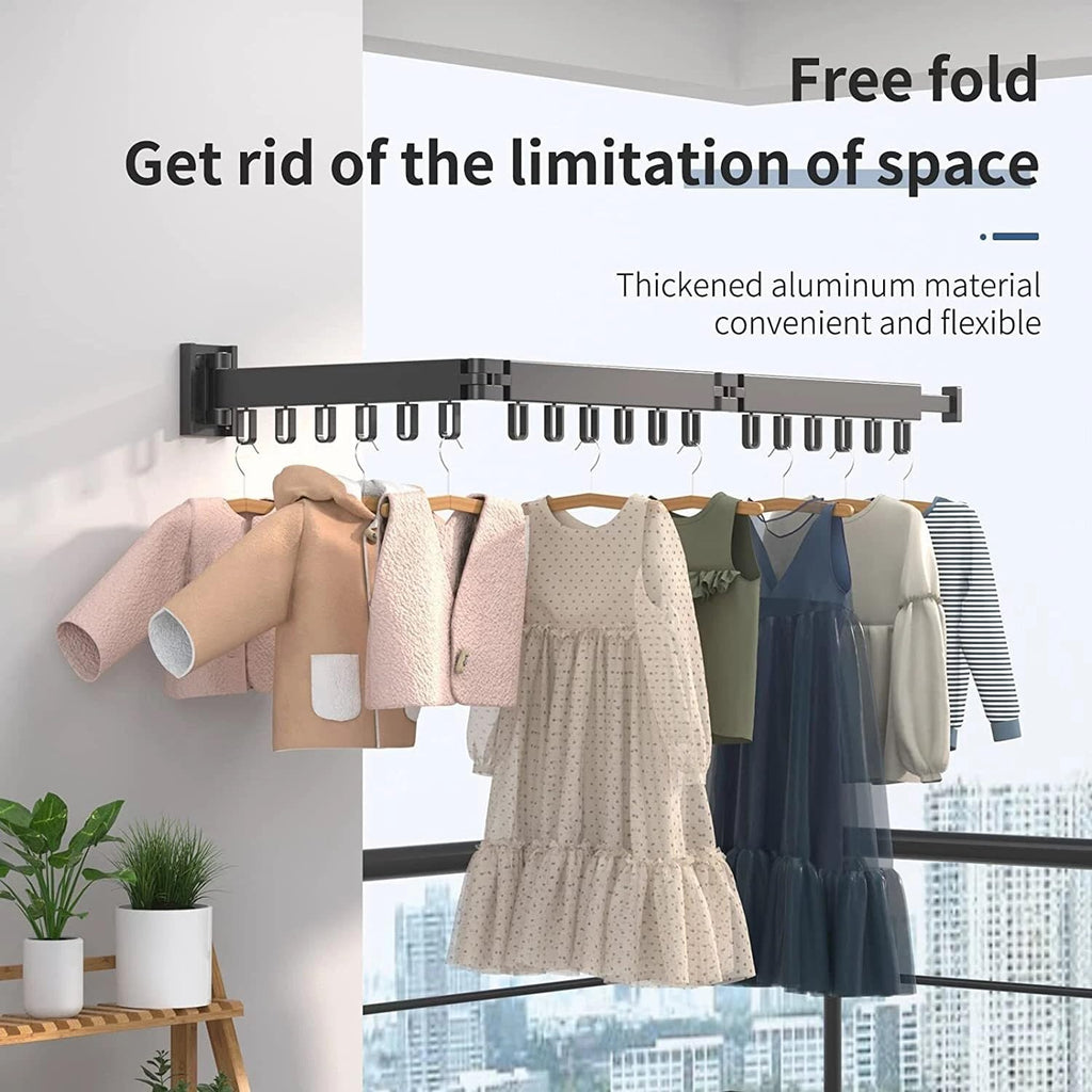 HYGRAD BUILT TO SURVIVE Space Saving Wall Mounted Clothes Drying Rack, Foldable Laundry Drying Organizer Rack Collapsible, Retractable Outdoor Indoor Hanging Clothes with 18 Hooks - Metal