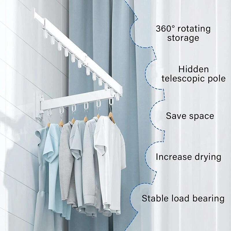 HYGRAD BUILT TO SURVIVE Space Saving Wall Mounted Clothes Drying Rack, Foldable Laundry Drying Organizer Rack Collapsible, Retractable Outdoor Indoor Hanging Clothes with 18 Hooks - Metal