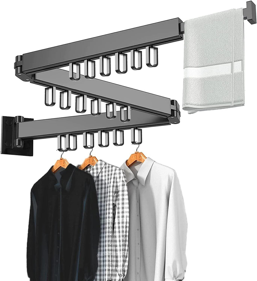 HYGRAD BUILT TO SURVIVE Space Saving Wall Mounted Clothes Drying Rack, Foldable Laundry Drying Organizer Rack Collapsible, Retractable Outdoor Indoor Hanging Clothes with 18 Hooks - Metal
