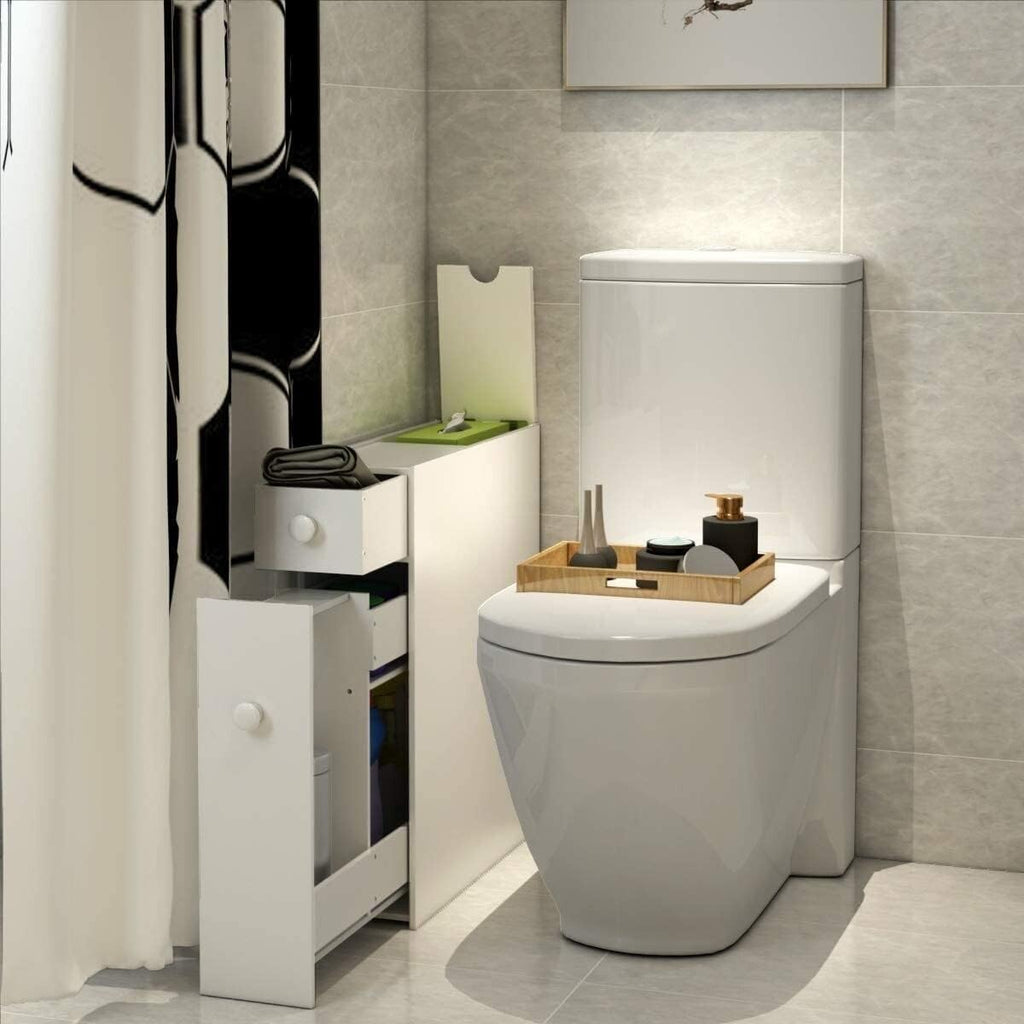 HYGRAD BUILT TO SURVIVE Free Standing Bathroom Toilet Paper Storage Slim Cabinet, Under Sink and Slide Out Drawer Organizer - Narrow Cabinets Shelves for Pantry, Kitchen - White